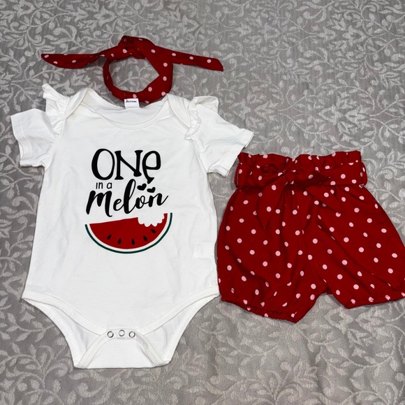Other - One in a Melon Baby Girl 3pc Set Bodysuit Shorts Headband Red White 18-24M (C26)